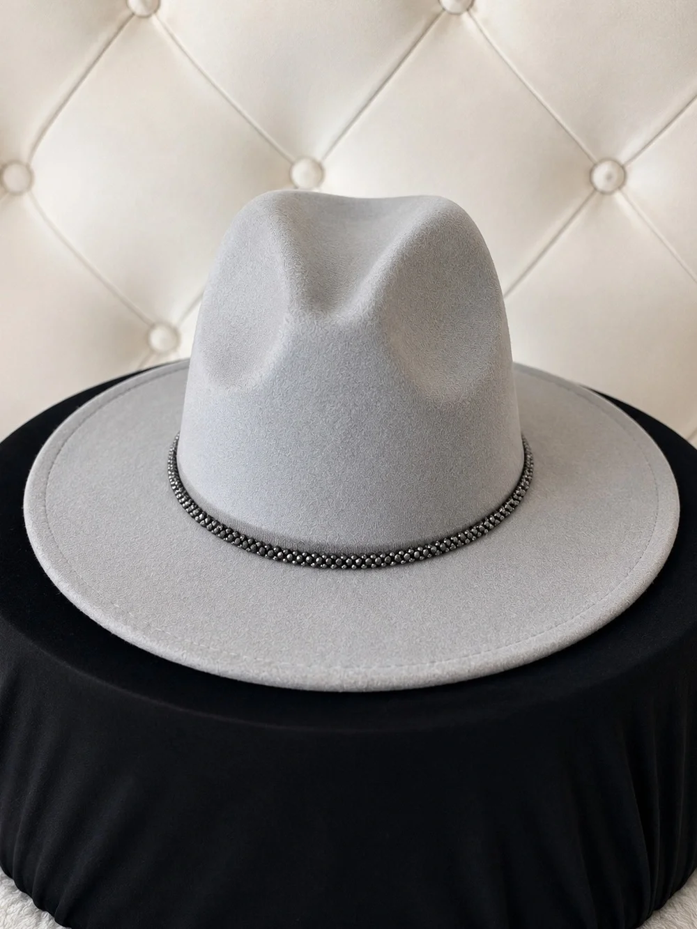 Grey Felt Wide-Brim Hat with Beaded Band